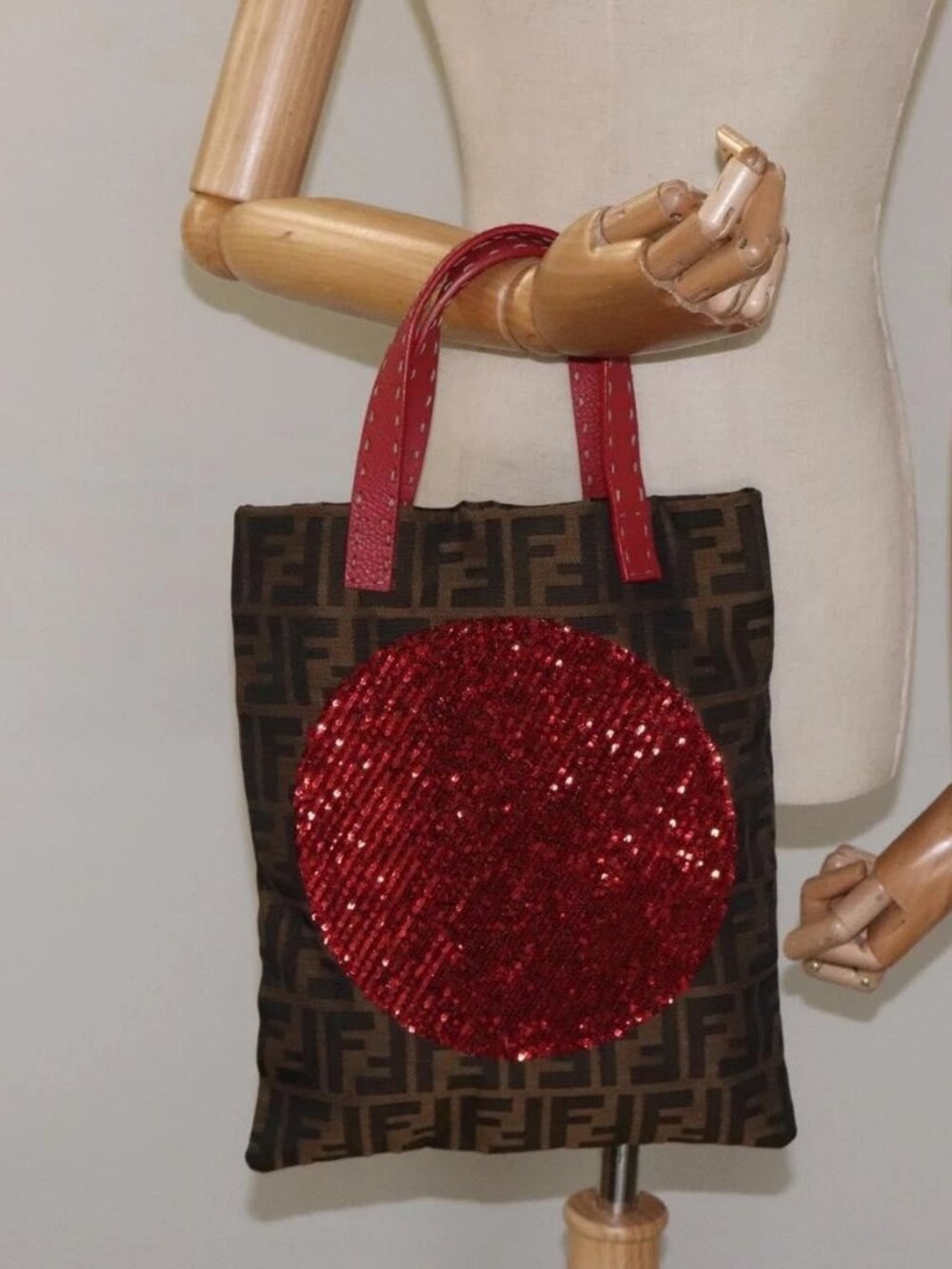 FENDI Zucca Canvas Hand Bag Sequin Black Brown Auth hk2107V
